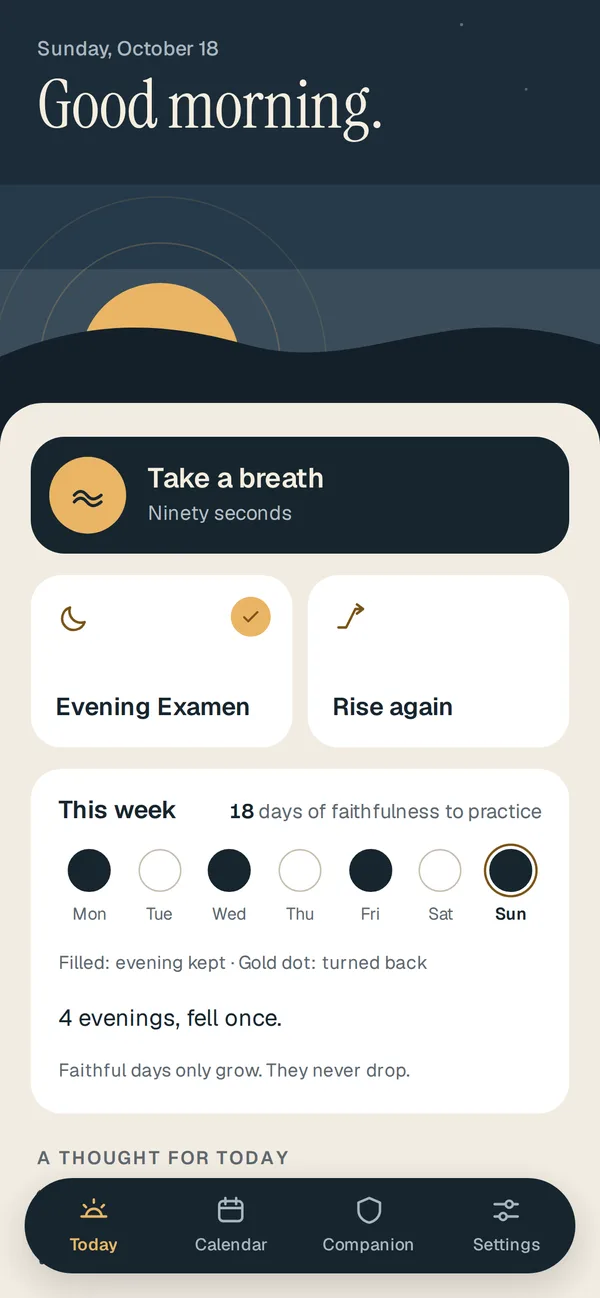 Screenshot of the Today screen: morning sky over the horizon, the button Take a breath, the evening examen and the days of this week.